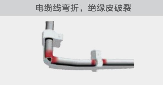 在安裝過程中，由于電線的彎曲半徑過小，或是線夾過緊，導(dǎo)致線纜絕緣皮破裂，產(chǎn)生電弧隱患